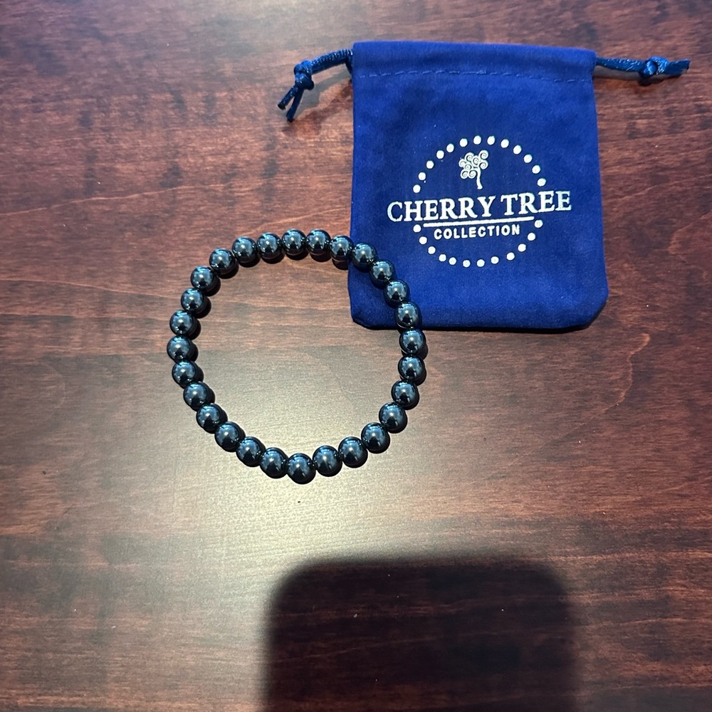 Cherry Tree Collection Hematite Beaded Bracelet with storage bag